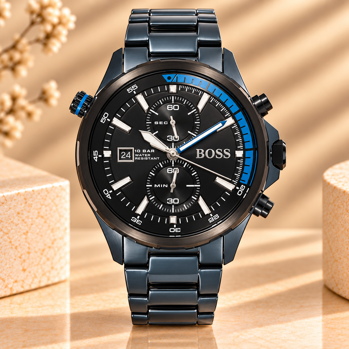 Montre Hugo Boss Globetrotter Chronographe 46 mm Noir et Bleu – Acier