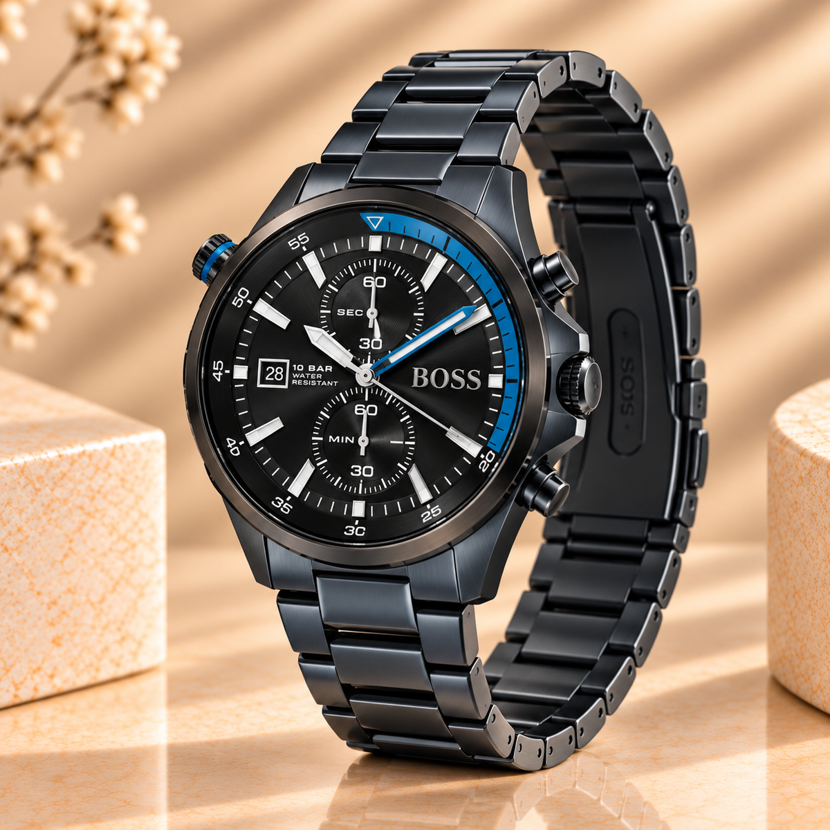 Montre Hugo Boss Globetrotter Chronographe 46 mm Noir et Bleu – Acier