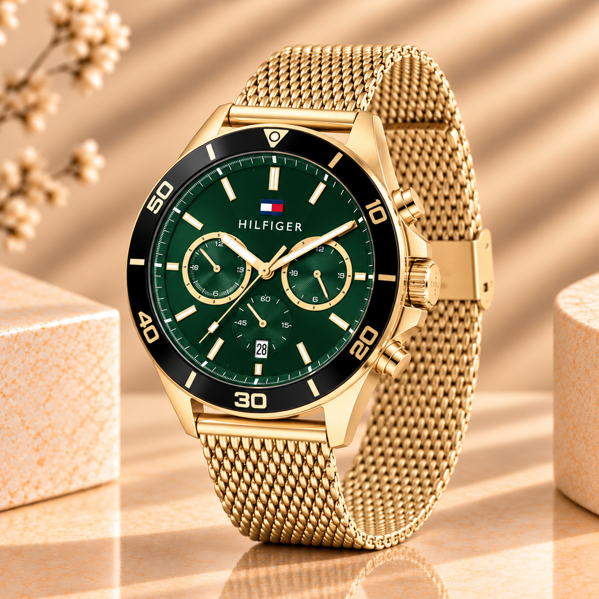 Montre Homme Tommy Hilfiger 1792093 Jordan – Chronographe – Vert et Doré – 43 mm