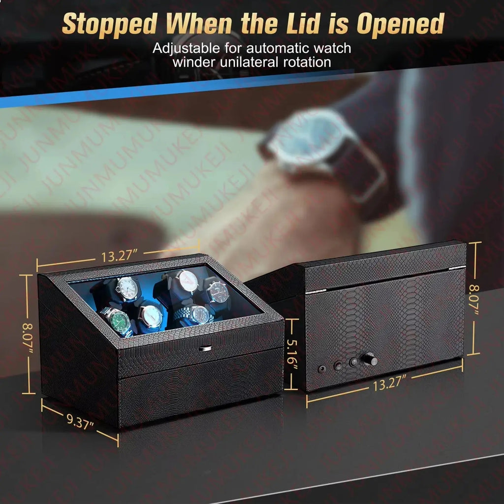 Remontoir Automatique pour 6 Montres + Rangement 6 Emplacements | Coffret de Luxe Silencieux avec Éclairage LED | Boîte pour Montres Automatiques LeTempsDesMontres