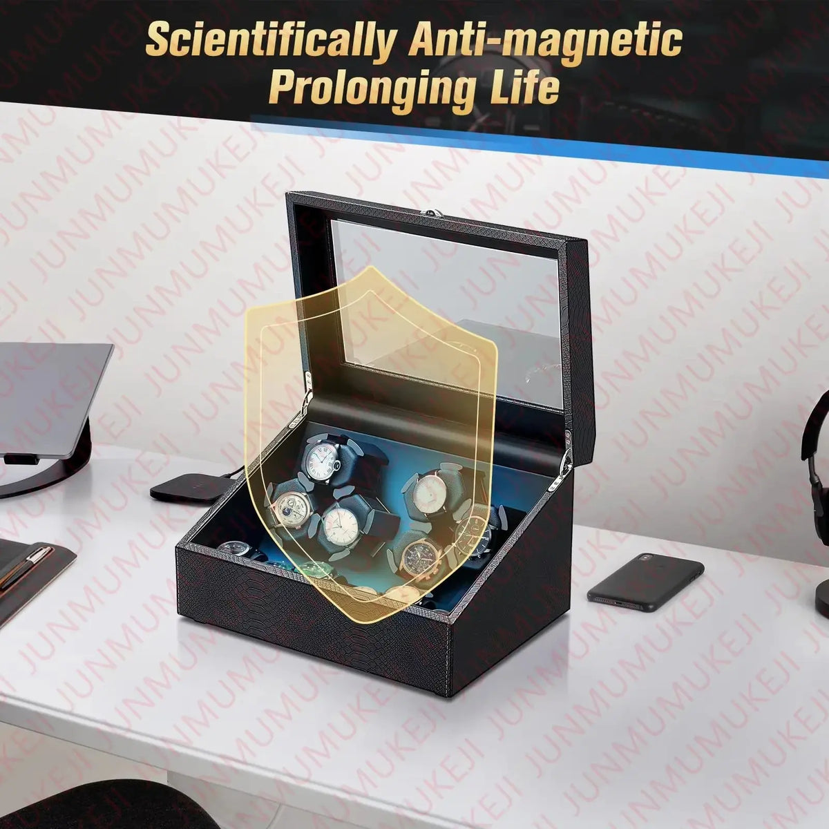 Remontoir Automatique pour 6 Montres + Rangement 6 Emplacements | Coffret de Luxe Silencieux avec Éclairage LED | Boîte pour Montres Automatiques LeTempsDesMontres