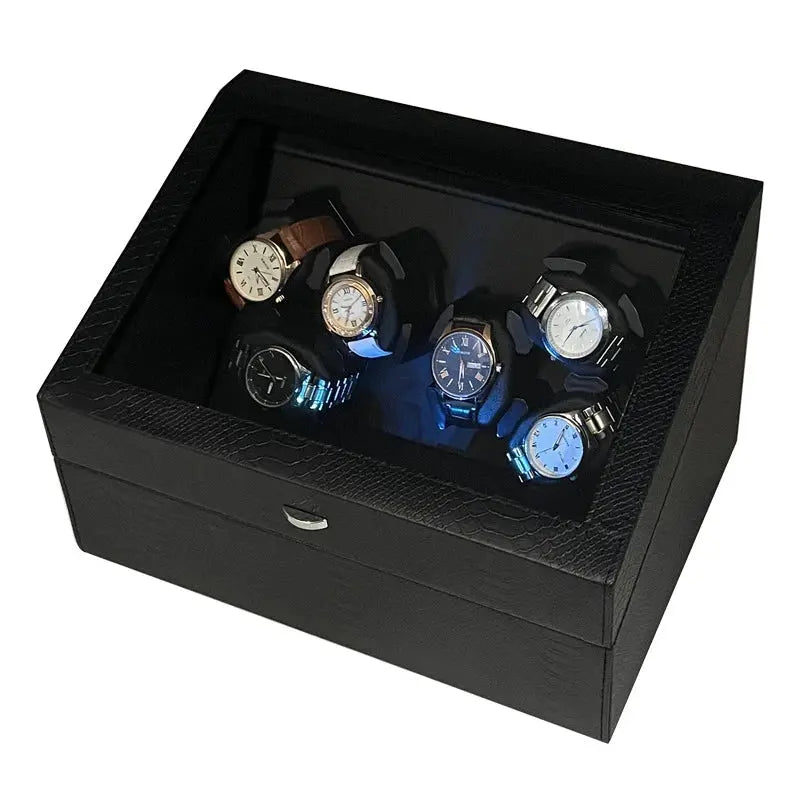 Remontoir Automatique pour 6 Montres + Rangement 6 Emplacements | Coffret de Luxe Silencieux avec Éclairage LED | Boîte pour Montres Automatiques LeTempsDesMontres