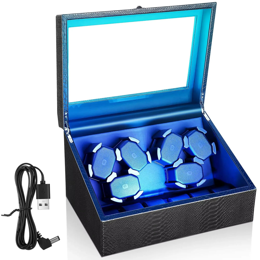Remontoir Automatique pour 6 Montres + Rangement 6 Emplacements | Coffret de Luxe Silencieux avec Éclairage LED | Boîte pour Montres Automatiques LeTempsDesMontres
